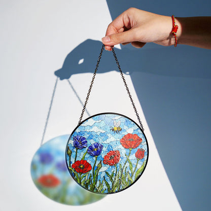 Bee and Wildflower Stained Glass Sun Catcher Round Window Decor Gift for Nature Mom