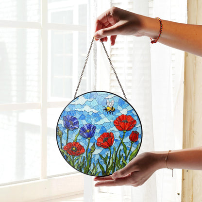 Bee and Wildflower Stained Glass Sun Catcher Round Window Decor Gift for Nature Mom