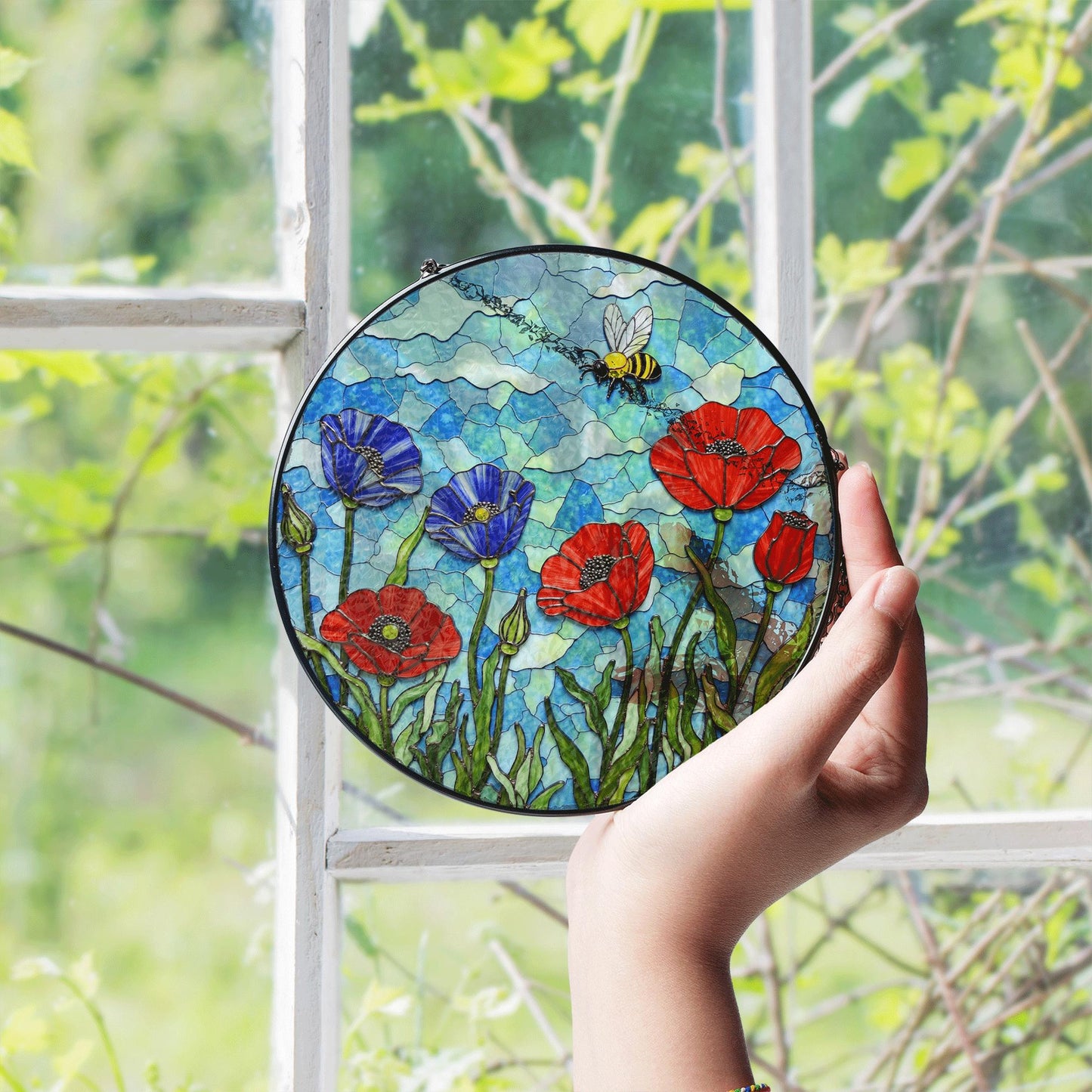 Bee and Wildflower Stained Glass Sun Catcher Round Window Decor Gift for Nature Mom