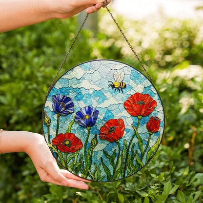 Bee and Wildflower Stained Glass Sun Catcher Round Window Decor Gift for Nature Mom