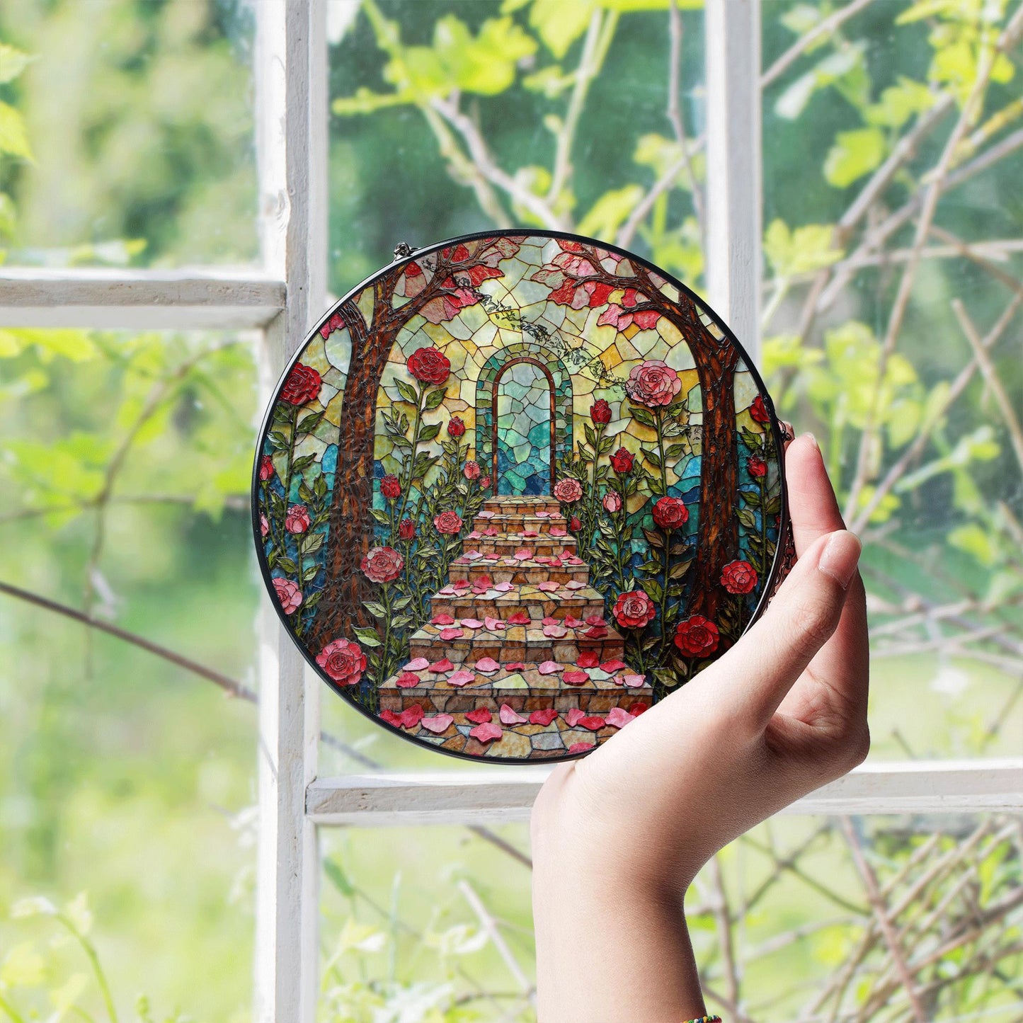 rose path stained glass enchanted garden suncatcher gift for mom