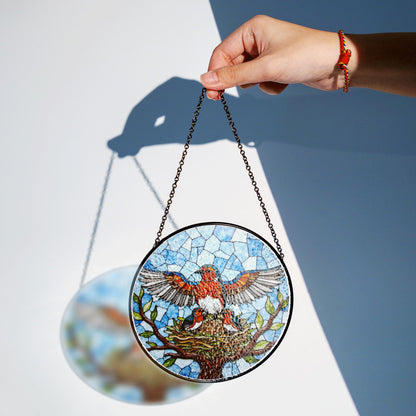 Robin family stained glass round suncatcher with tree nest and sky scene bird decor gift for mother