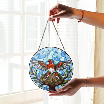 Robin family stained glass round suncatcher with tree nest and sky scene bird decor gift for mother