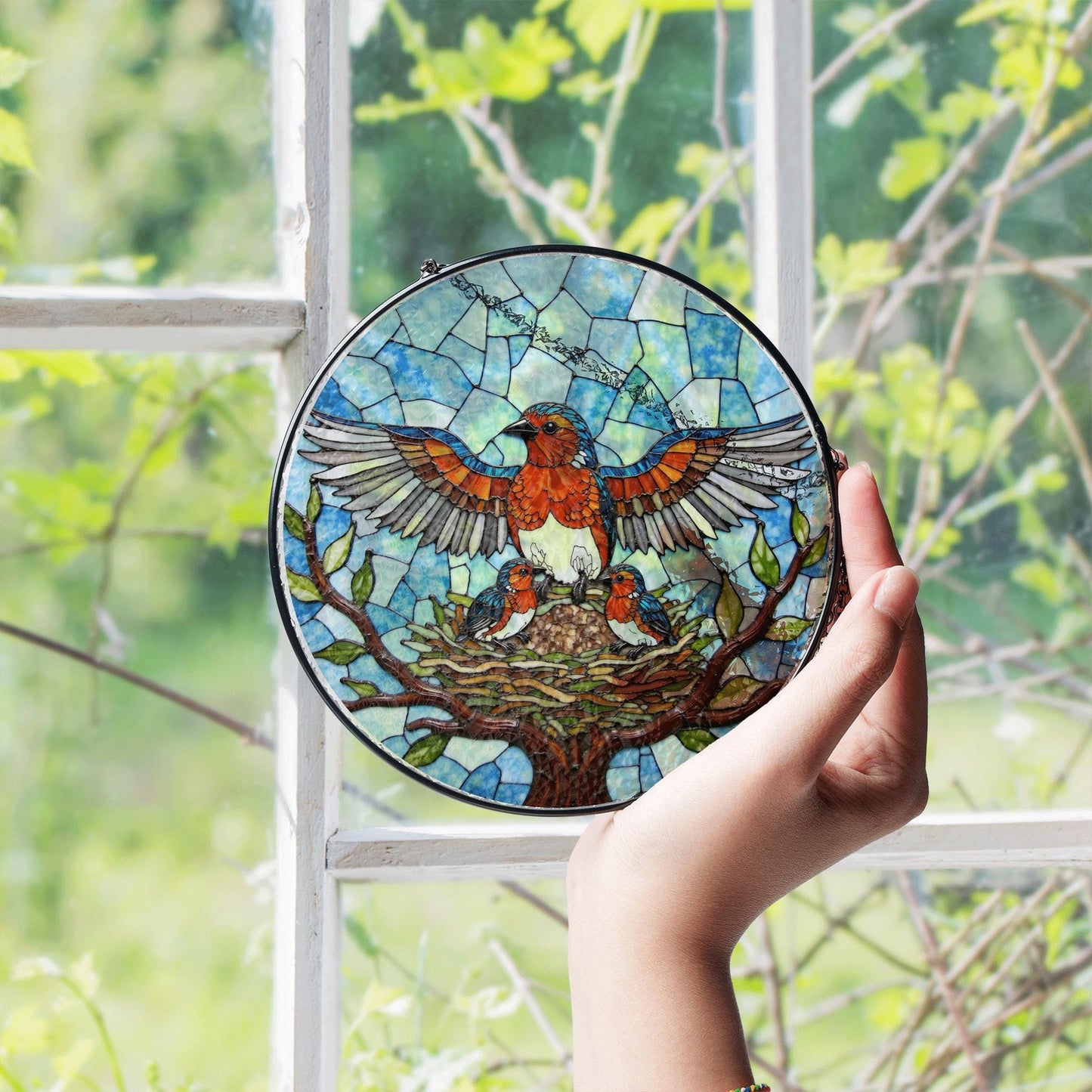Robin family stained glass round suncatcher with tree nest and sky scene bird decor gift for mother