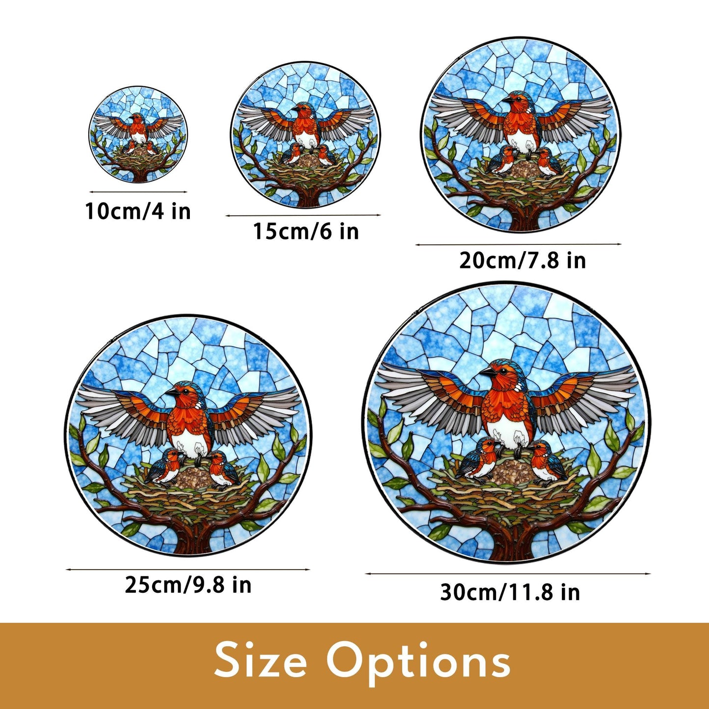 Robin family stained glass round suncatcher with tree nest and sky scene bird decor gift for mother