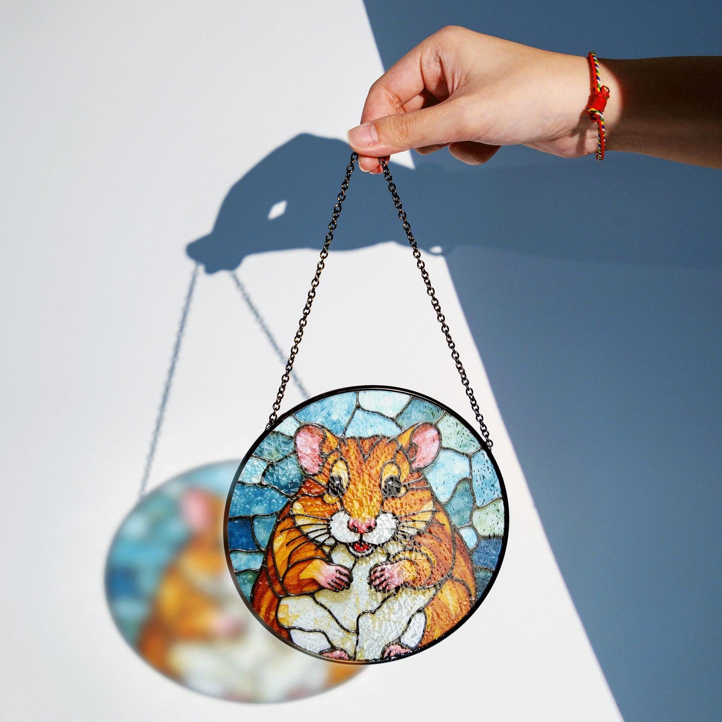Chubby hamster art stained glass round window suncatcher animal decor gift for kids or pet lovers