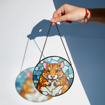 Chubby hamster art stained glass round window suncatcher animal decor gift for kids or pet lovers