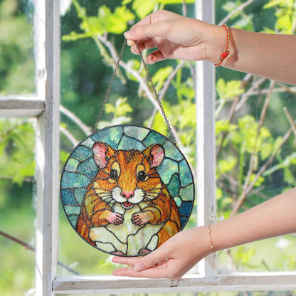 Chubby hamster art stained glass round window suncatcher animal decor gift for kids or pet lovers