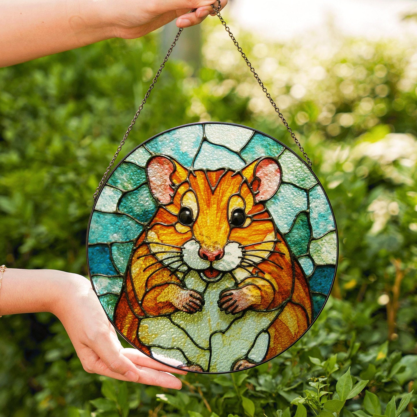 Chubby hamster art stained glass round window suncatcher animal decor gift for kids or pet lovers