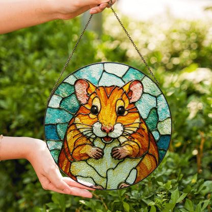 Chubby hamster art stained glass round window suncatcher animal decor gift for kids or pet lovers