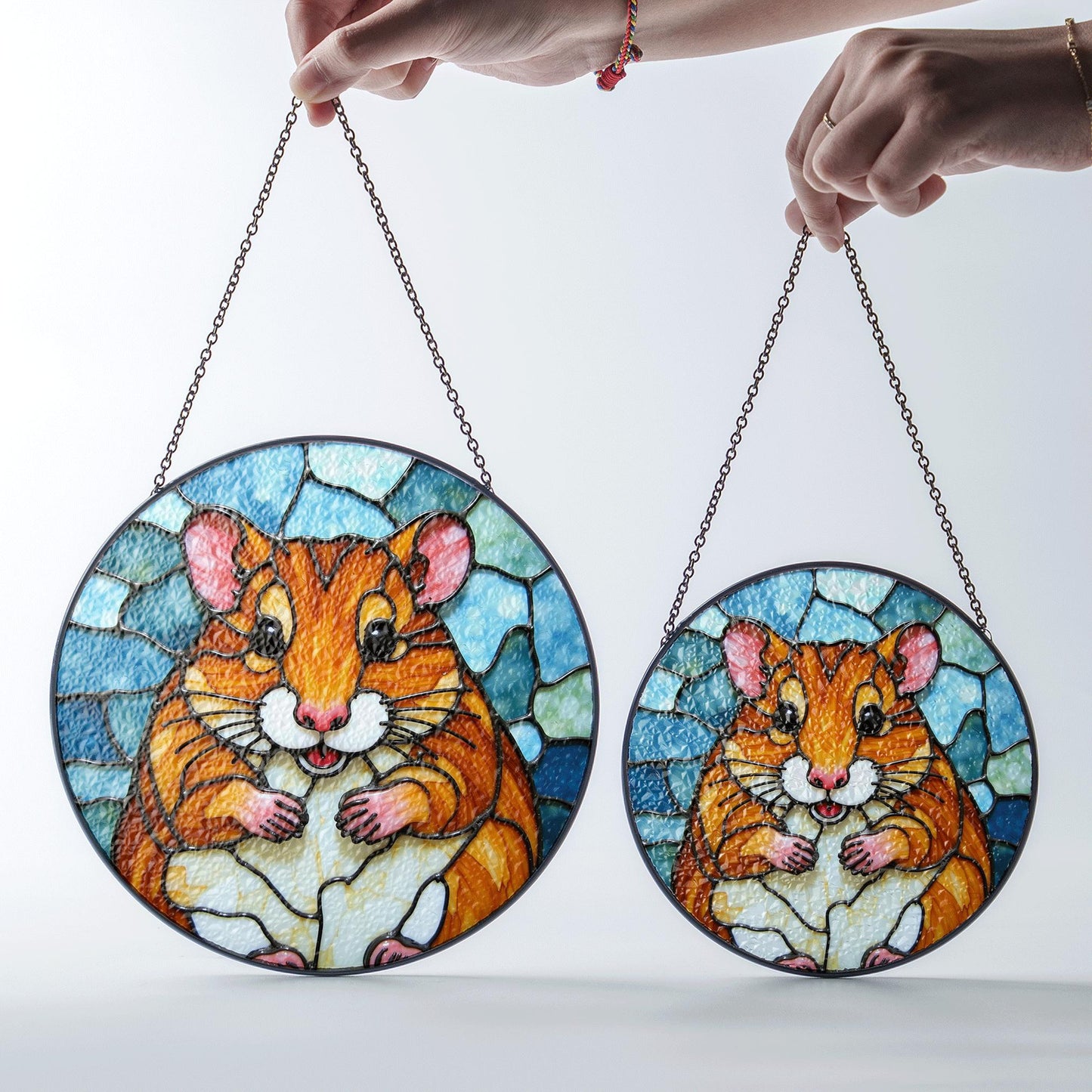 Chubby hamster art stained glass round window suncatcher animal decor gift for kids or pet lovers