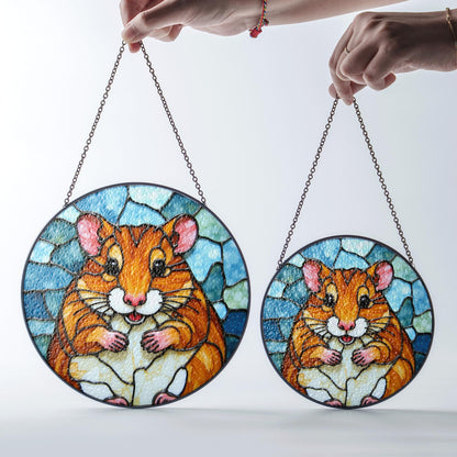 Chubby hamster art stained glass round window suncatcher animal decor gift for kids or pet lovers