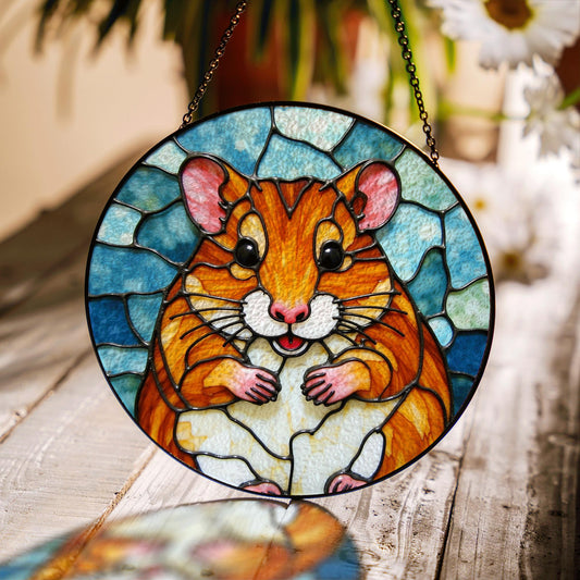 Chubby hamster art stained glass round window suncatcher animal decor gift for kids or pet lovers