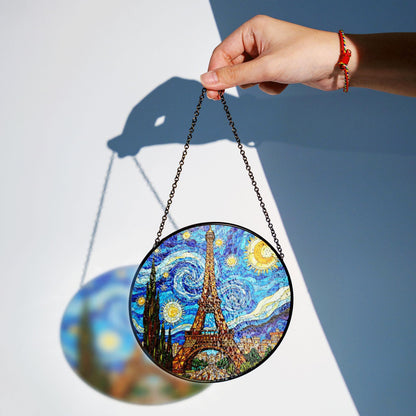 Eiffel Tower Starry Night Style Round Stained Glass Suncatcher Gift for Paris Lover