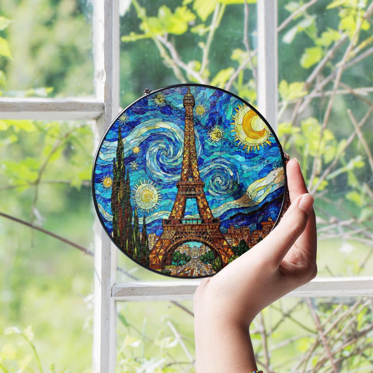 Eiffel Tower Starry Night Style Round Stained Glass Suncatcher Gift for Paris Lover