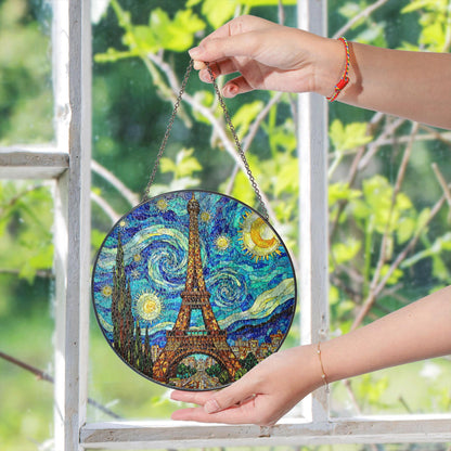 Eiffel Tower Starry Night Style Round Stained Glass Suncatcher Gift for Paris Lover