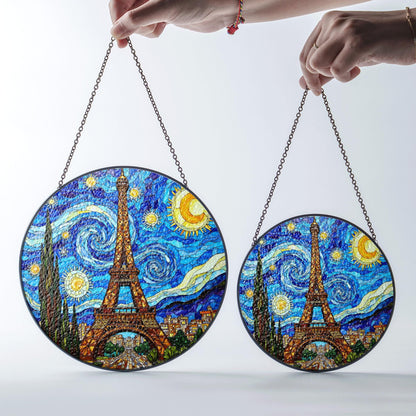 Eiffel Tower Starry Night Style Round Stained Glass Suncatcher Gift for Paris Lover