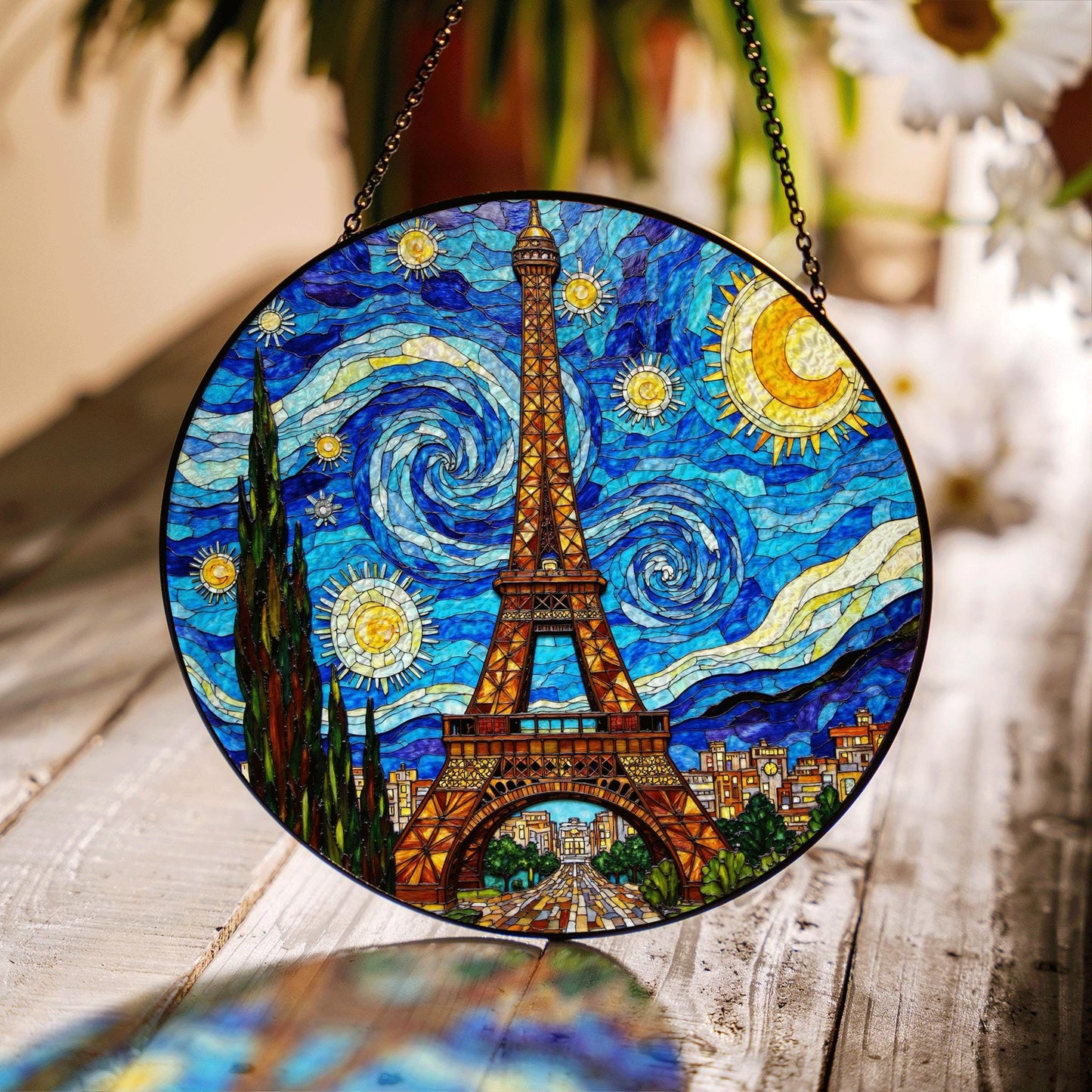 Eiffel Tower Starry Night Style Round Stained Glass Suncatcher Gift for Paris Lover