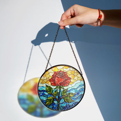 Red rose bloom stained glass suncatcher floral round window decor gift for mother or flower lover