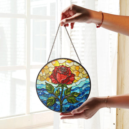 Red rose bloom stained glass suncatcher floral round window decor gift for mother or flower lover