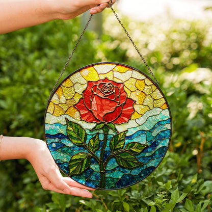 Red rose bloom stained glass suncatcher floral round window decor gift for mother or flower lover