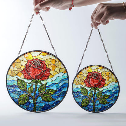 Red rose bloom stained glass suncatcher floral round window decor gift for mother or flower lover