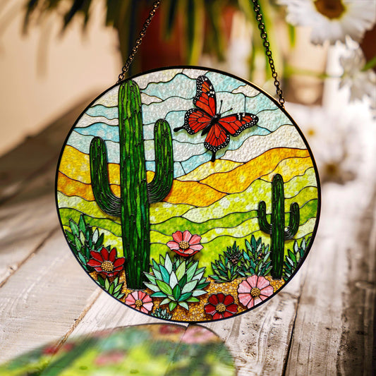 Desert cactus butterfly stained glass suncatcher with succulents colorful sunlit decor gift for plant lovers