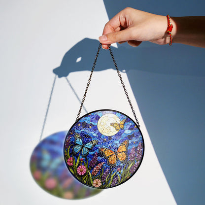 Moon butterflies wildflower stained glass suncatcher night sky decor gift for garden lovers