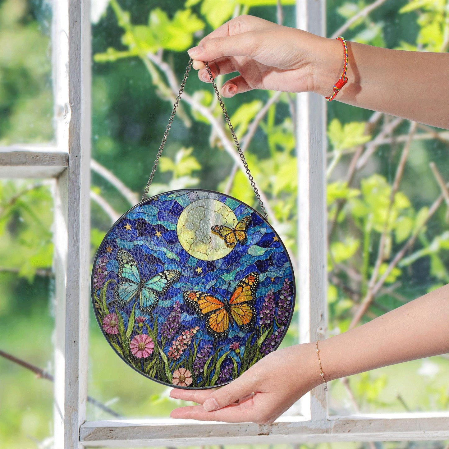 Moon butterflies wildflower stained glass suncatcher night sky decor gift for garden lovers