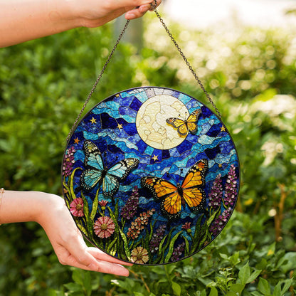 Moon butterflies wildflower stained glass suncatcher night sky decor gift for garden lovers