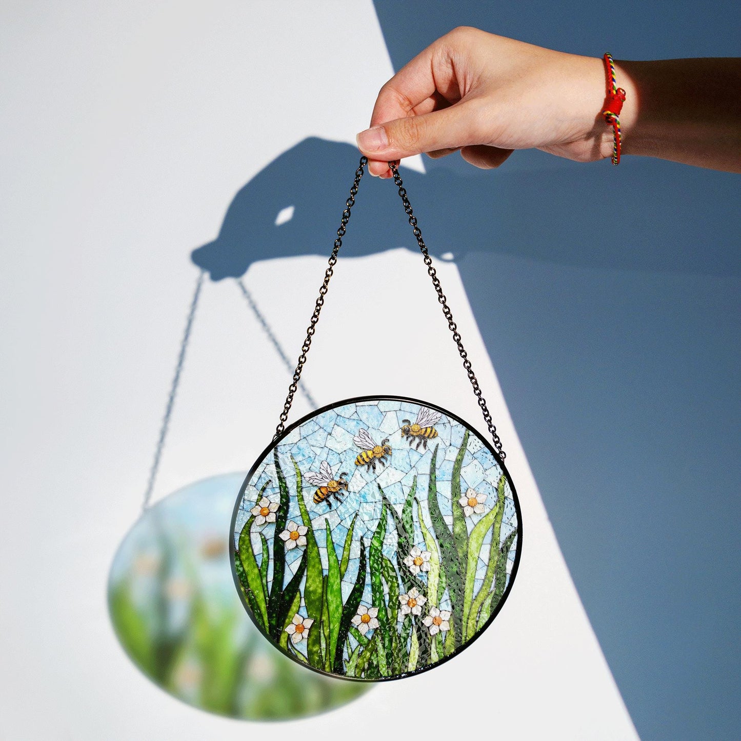 Flying bees and white flowers round glass suncatcher honey garden art gift for mom