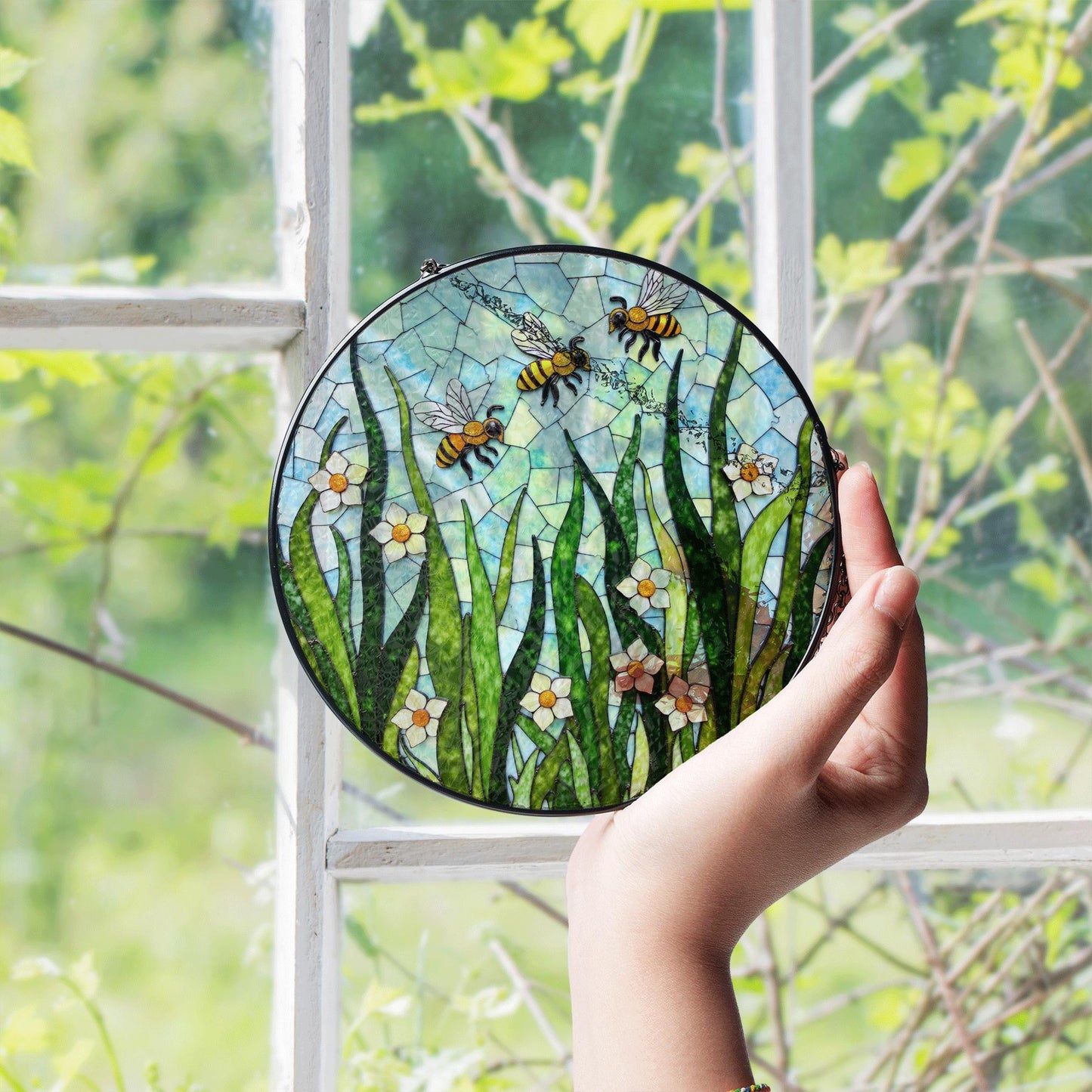 Flying bees and white flowers round glass suncatcher honey garden art gift for mom