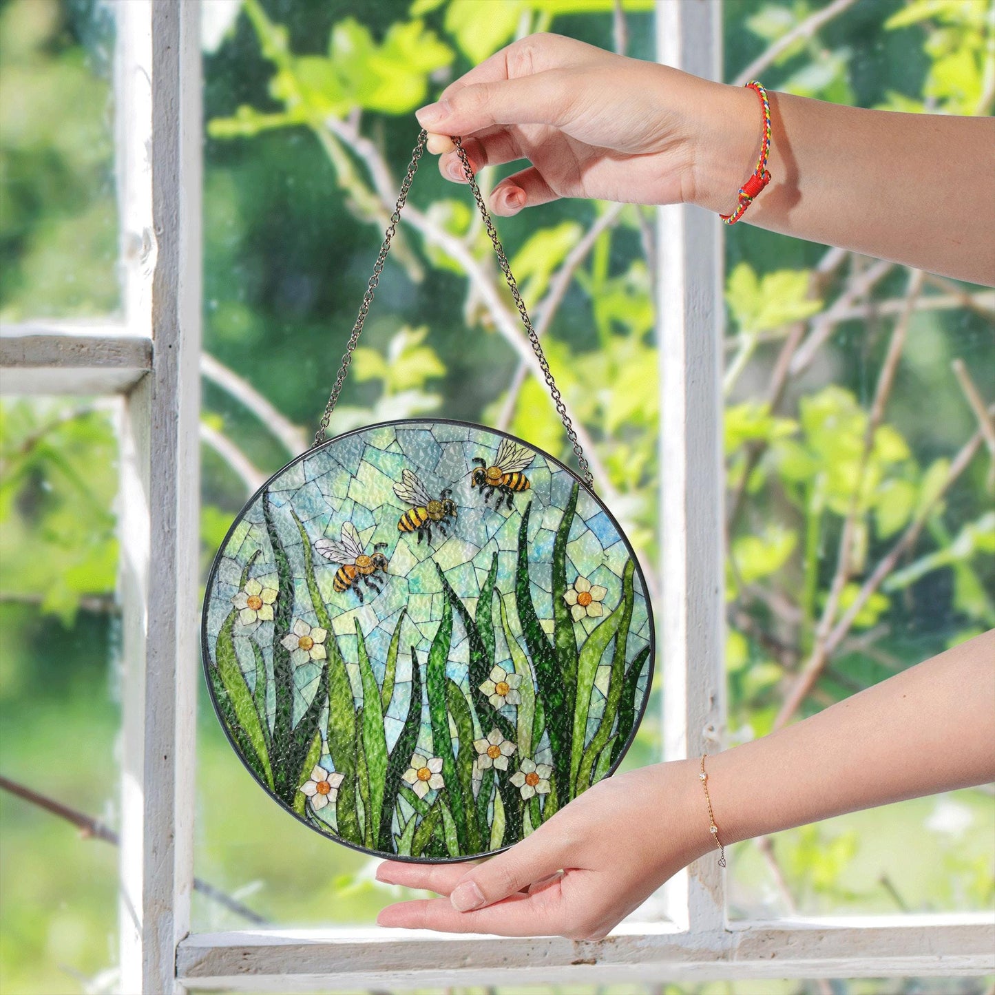 Flying bees and white flowers round glass suncatcher honey garden art gift for mom