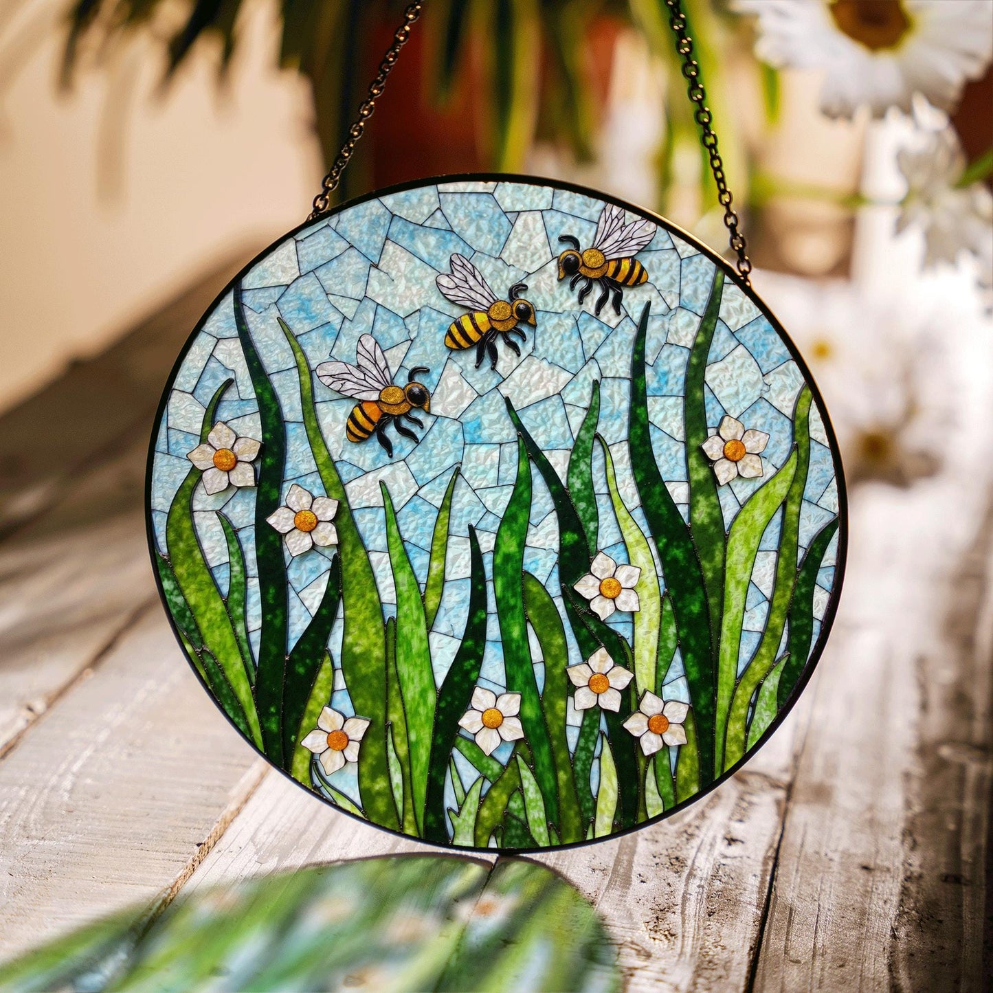 Flying bees and white flowers round glass suncatcher honey garden art gift for mom