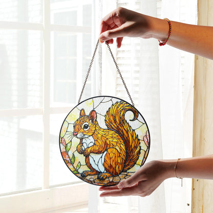 Golden squirrel forest animal round suncatcher woodland window art gift for nature lover