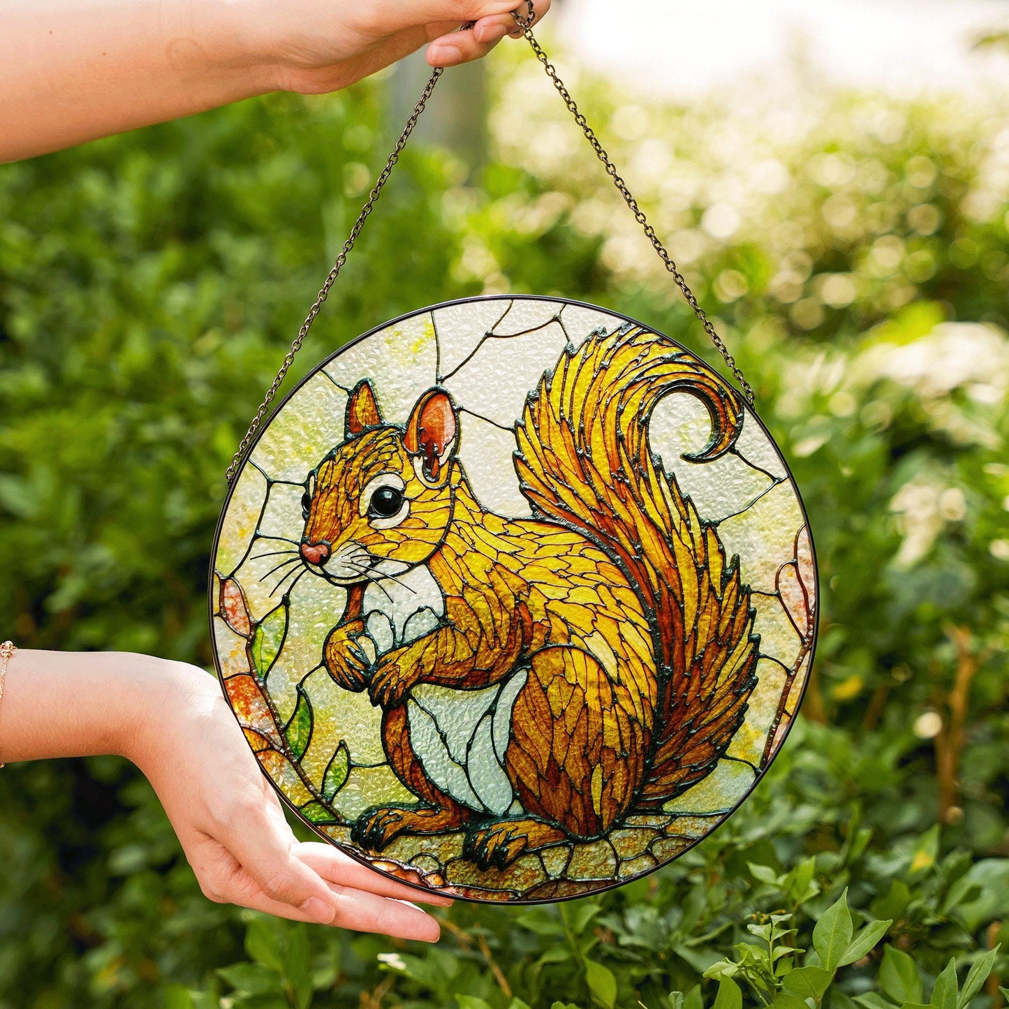 Golden squirrel forest animal round suncatcher woodland window art gift for nature lover