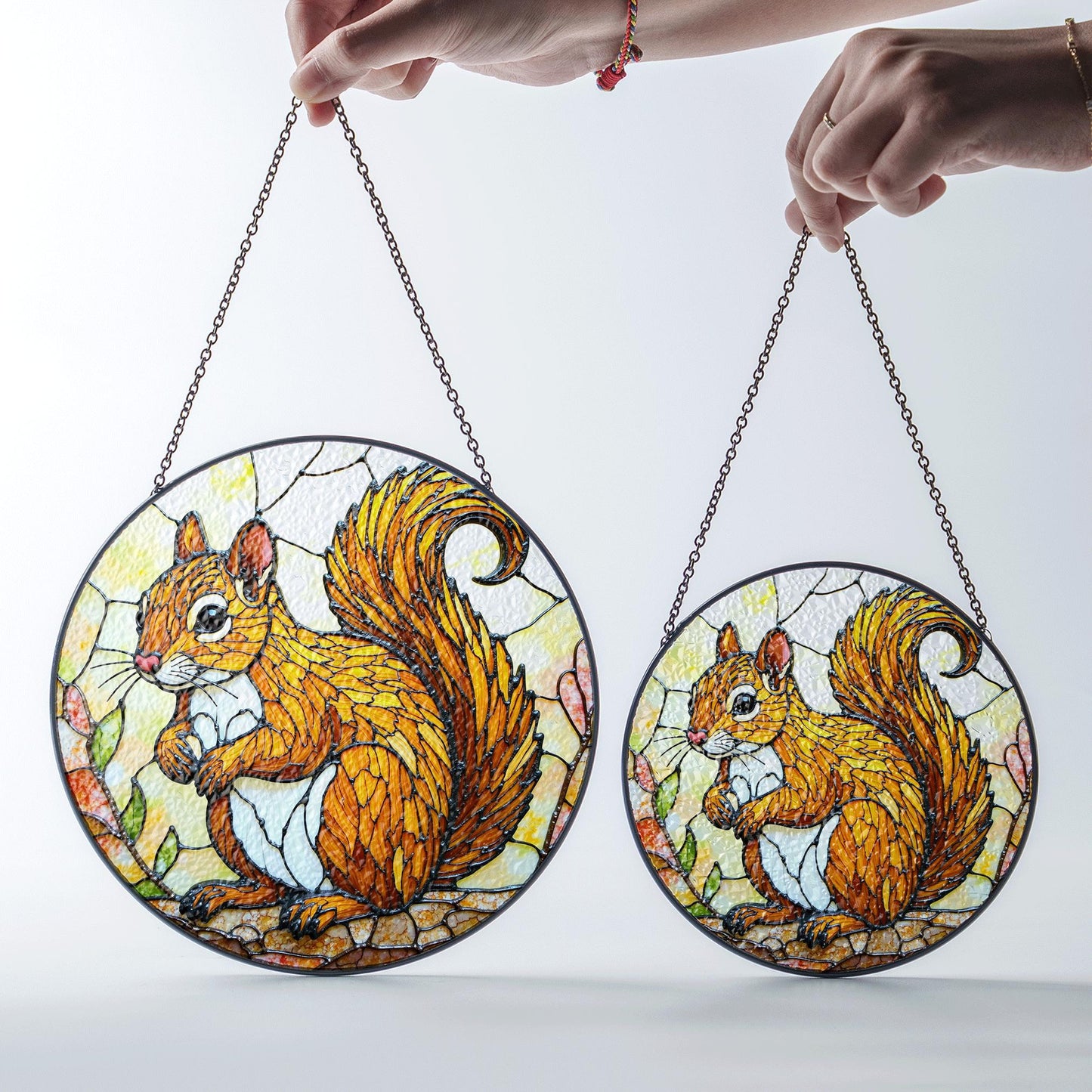 Golden squirrel forest animal round suncatcher woodland window art gift for nature lover
