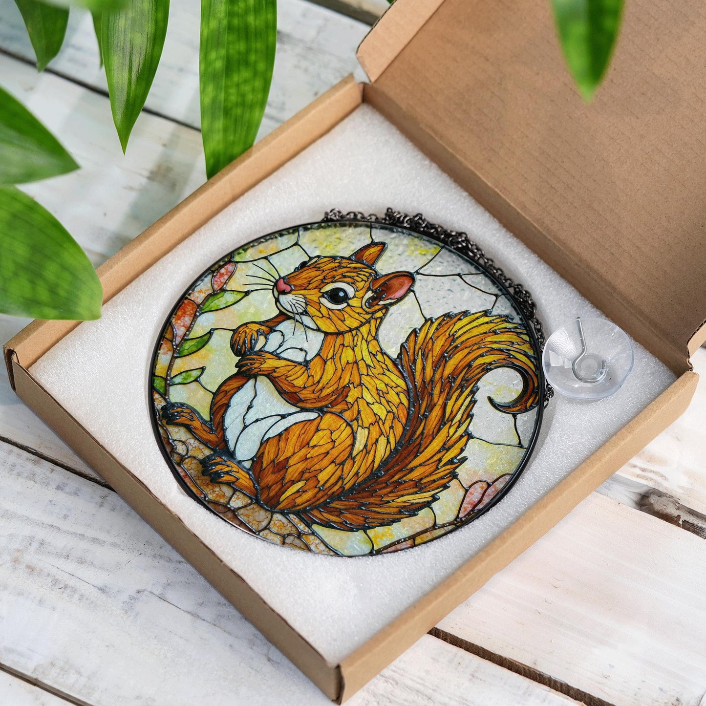 Golden squirrel forest animal round suncatcher woodland window art gift for nature lover