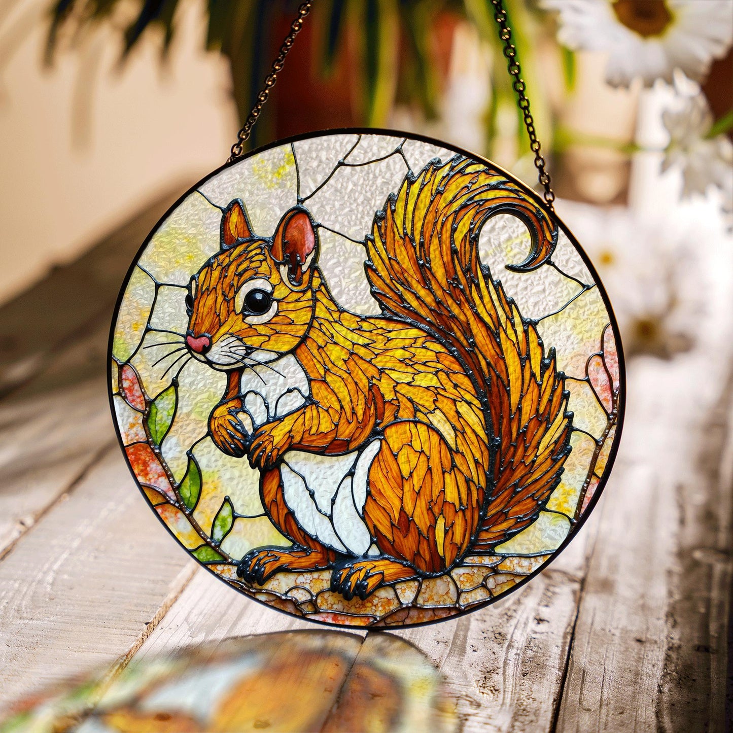 Golden squirrel forest animal round suncatcher woodland window art gift for nature lover