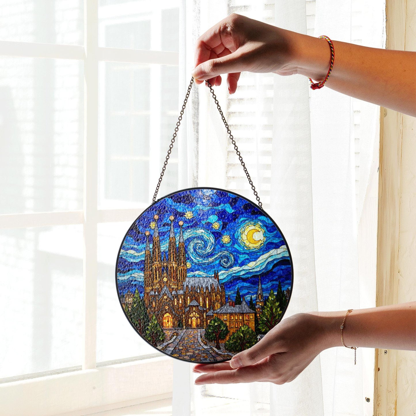 cathedral under starry sky round stained glass style suncatcher gift for architecture lover