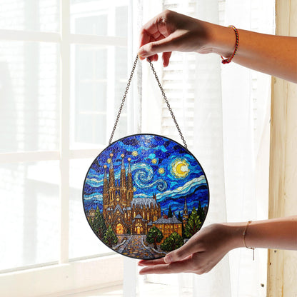 cathedral under starry sky round stained glass style suncatcher gift for architecture lover