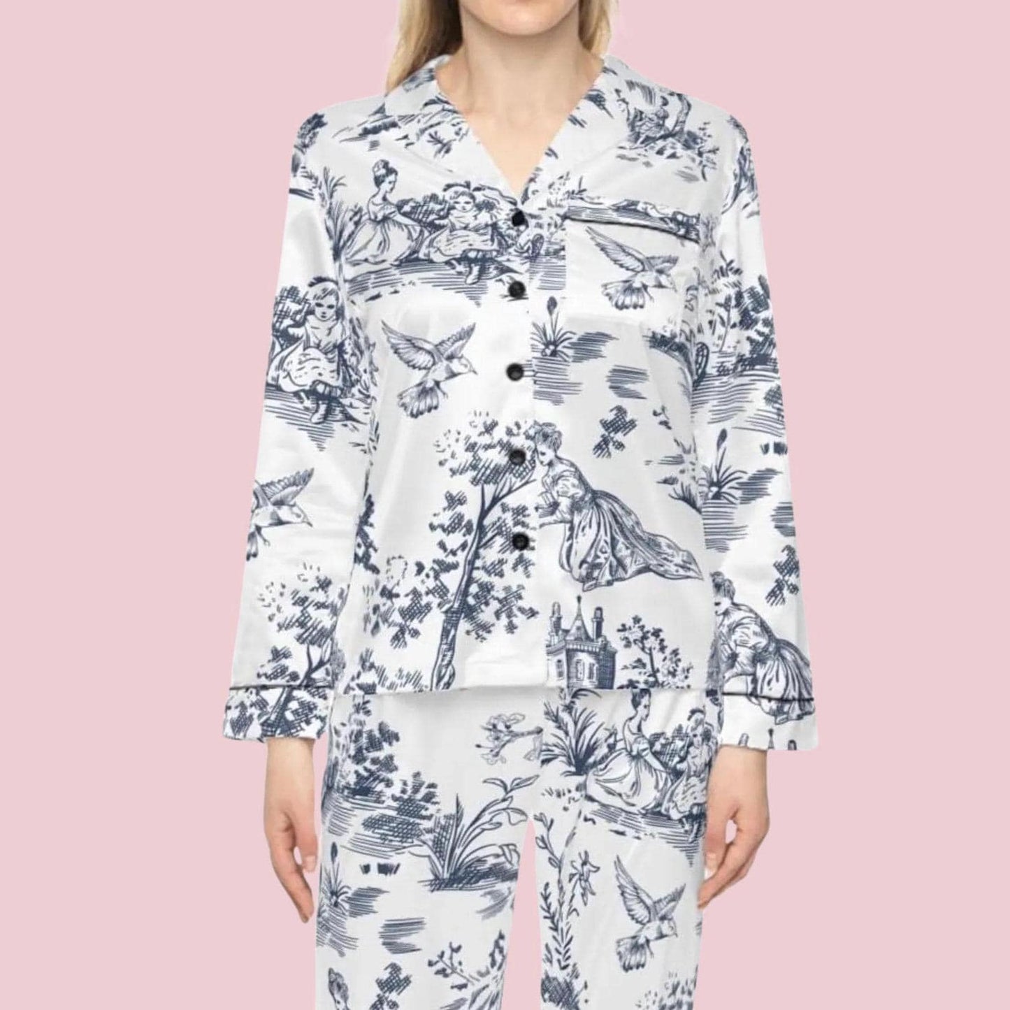 Toile De Jouy Pajamas, French Toile Satin Set, French Garden PJs, Blue Toile Pajama Pants, Bridal Party Gifts, Getting Ready PJs, Bridesmaid