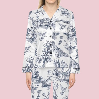 Toile De Jouy Pajamas, French Toile Satin Set, French Garden PJs, Blue Toile Pajama Pants, Bridal Party Gifts, Getting Ready PJs, Bridesmaid
