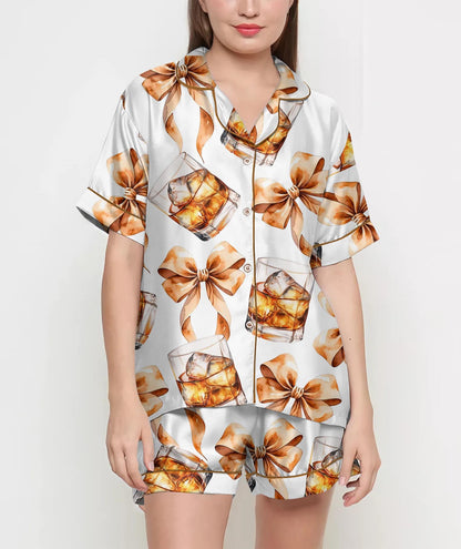 Whiskey Glass Coquette Pajamas Satin Set, Women Gift, Mother's Day Gift, Birthday Gift, Pjs For Women, Bridesmaid Gifts, Bachelorette