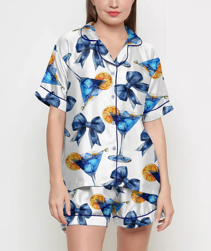 Mom Birthday Gift, Blue Cocktail Coquette Pajamas Satin Set, Women Gift, Mother Gift, Birthday Gift Women, Bridesmaid Gifts, Bachelorette