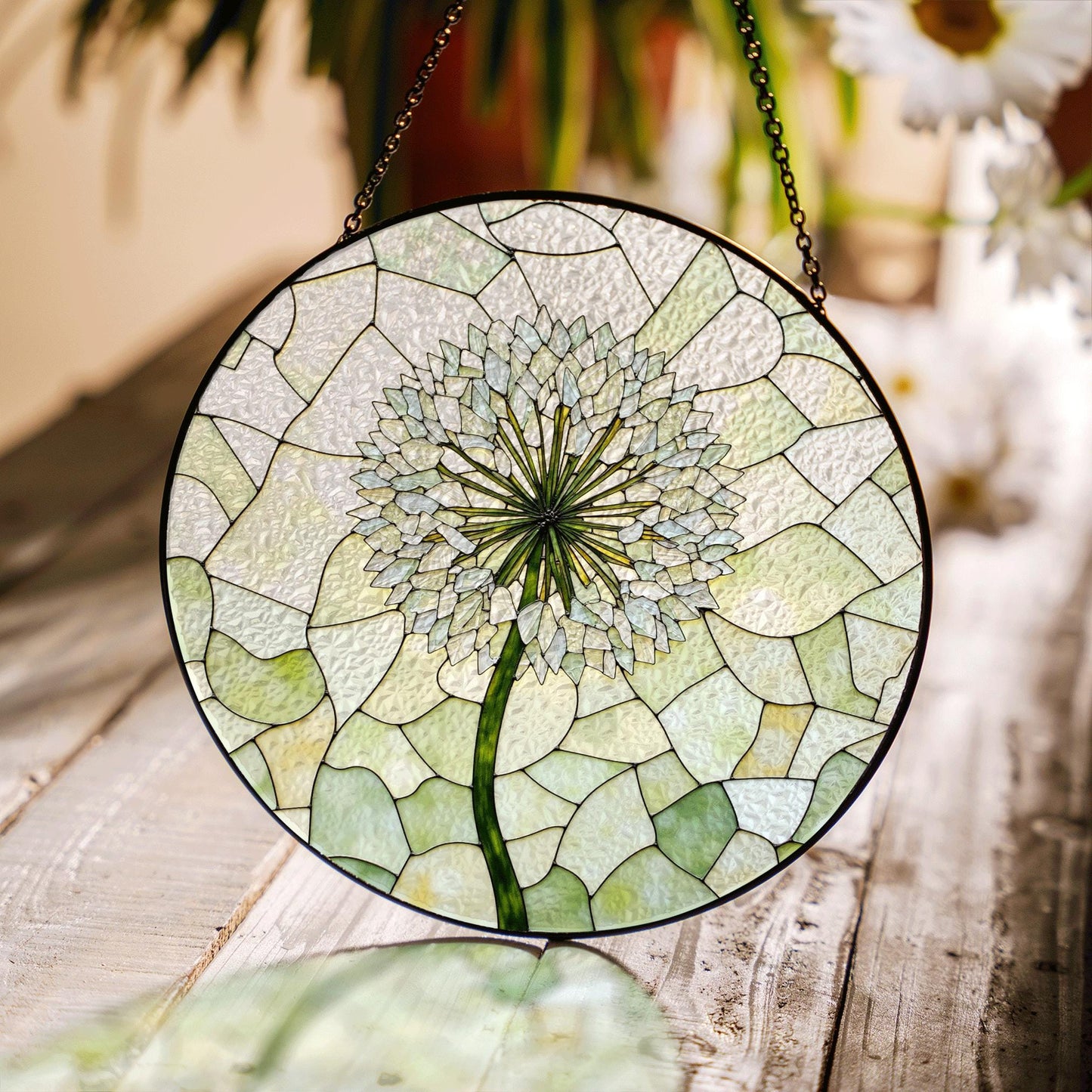 Dandelion bloom stained glass suncatcher round window charm gift for nature lover