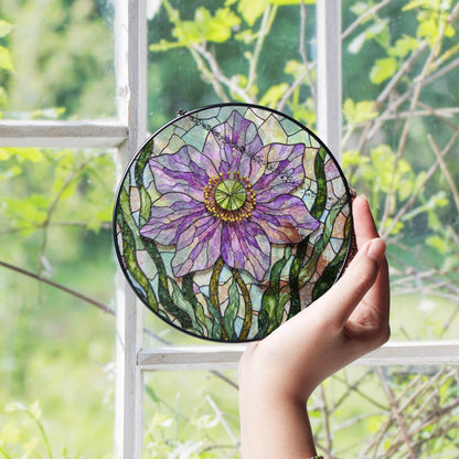 Purple floral glass panel round suncatcher for window light gift for garden lover mom friend