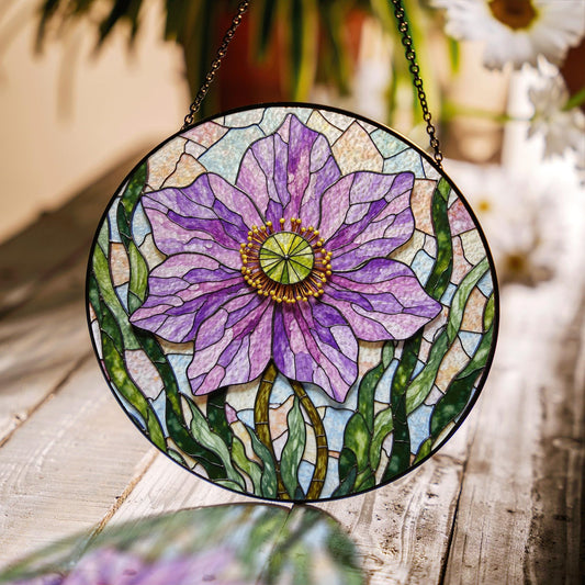 Purple floral glass panel round suncatcher for window light gift for garden lover mom friend