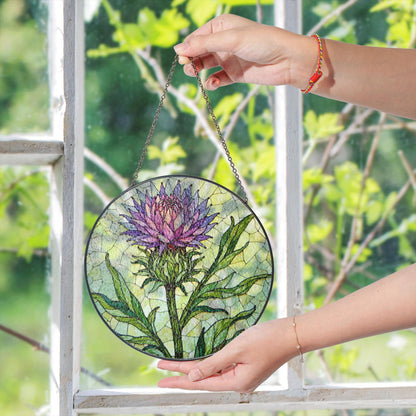 Purple thistle flower stained glass window hanging suncatcher gift for botanical art lovers