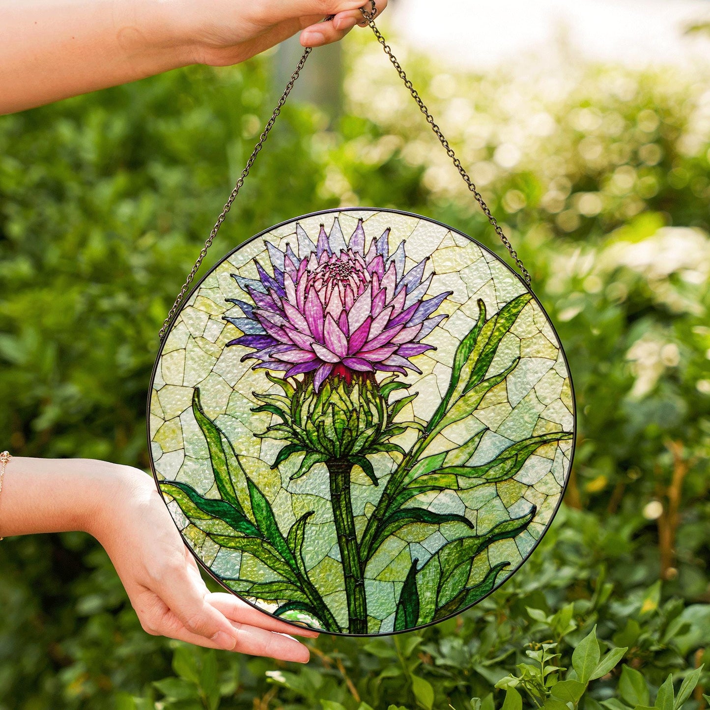 Purple thistle flower stained glass window hanging suncatcher gift for botanical art lovers
